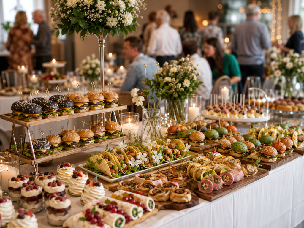 Catering Domino Nowy Sącz – eleganckie przyjęcie rodzinne z bufetem, kwiatami i przekąskami.