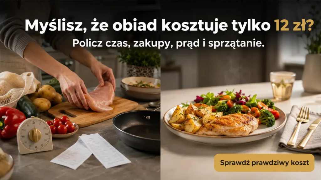 Osoba przygotowująca obiad w domu obok zakupów, patelni i zegara – prawdziwy koszt gotowania.