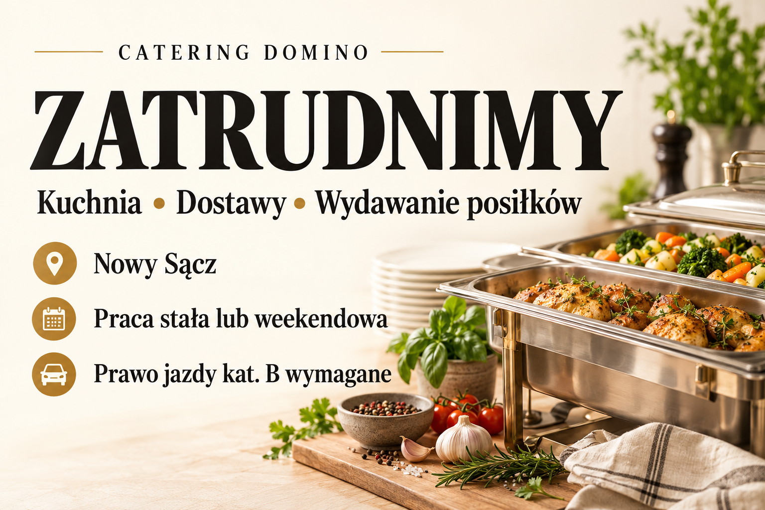 Zatrudnimy – Catering Domino, Nowy Sącz. Praca stała lub weekendowa, wymagane prawo jazdy kat. B.